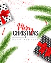 Christmas sale poster with gift boxes, serpentine and tree branches on white background. Vector illustration for website Royalty Free Stock Photo