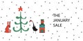 Christmas sale poster. Christmas tree, winter characters and boxes with gifts on the background of snowflakes. the Royalty Free Stock Photo