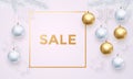 Christmas Sale poster of white snowflakes pattern and golden balls Royalty Free Stock Photo
