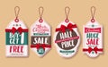 Christmas sale price tags vector set with red ribbons and discount promotions hanging Royalty Free Stock Photo