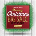 Christmas sale promotion banner with Christmas leaves, tree, lights and colorful elements in frames on white, red and luxury gold Royalty Free Stock Photo