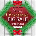 Christmas sale promotion banner with Christmas leaves, tree, lights and colorful elements in frames on white, red and luxury gold Royalty Free Stock Photo