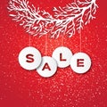 Christmas Sale for Promotion. Discount. Paper cut Baubles, Carve tree branch. Sale text in baubbles. Happy New Year Royalty Free Stock Photo