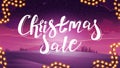 Christmas sale, purple discount banner with large title and pink tinted winter landscape