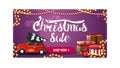 Christmas sale, purple discount banner with red car carrying Christmas tree, presents and garlands