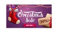 Christmas sale, purple discount card with gift with price tag and Christmas stockings