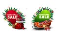 Christmas sale, red and green discount banners in cartoon style in the form of abstract pointers decorated with Christmas elements Royalty Free Stock Photo