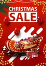 Christmas sale, red vertical discount banner with garlands, red balloons, abstract shapes and Santa Sleigh with presents Royalty Free Stock Photo