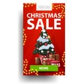 Christmas sale, red vertical discount with green button and Christmas tree in a pot with gifts isolated on white background Royalty Free Stock Photo