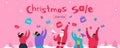 Christmas sale santa claus with megaphone and people catching falling gift boxes web banner design vector