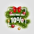 Christmas sale sign vector label 10 sale with red ribbon and green fir tree branches with gold christmas ball. Holiday Royalty Free Stock Photo