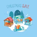 Christmas sale. Sled with gifts in front of wooden stalls of Christmas market. Hand drawn vector illustration. Royalty Free Stock Photo