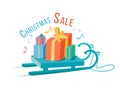 Christmas sale. Sledges with gifts. Hand drawn vector illustration.