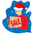 Christmas sale smiling courier with gift box. Marry Christmas and Happy New Year concept. Vector flat cartoon