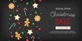Christmas Sale Special Offer Horizontal Banner. Winter Festive Traditional Sweets, Cookies, Lollipops, Candy Cane, Gingerbread Man