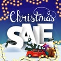 Christmas sale, square discount banner with cartoon winter landscape, large volumetric letters and red vintage car