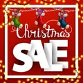 Christmas sale, square discount banner with large letters and Christmas stockings