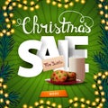 Christmas sale, square green discount banner with large volumetric letters, button and cookies with a glass of milk for Santa