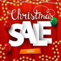 Christmas sale, square red discount banner with large volumetric letters, curtain on the background, garlands, balloons and button