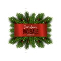 Christmas sale sticker with christmas tree branches and red ribbon. Holiday sale banner