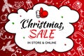 Christmas Sale, in store and online. Handwritten modern lettering with doodle decorative elements and Santa thumb up on chalkboard