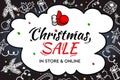 Christmas Sale, in store and online. Handwritten modern lettering with doodle decorative elements and Santa thumb up on chalkboard