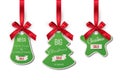 Christmas sale tags offering discounts set. Festive holiday stickers with red ribbons. Green stylish star, fir tree and