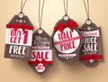 Christmas sale tags vector set with red ribbon and different sale text Royalty Free Stock Photo