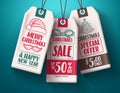 Christmas sale tags vector set in white paper hanging with sale and discount text Royalty Free Stock Photo