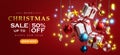 Christmas Sale Template Hanging Flying Box Gift Christmas Ball Red Blue Gold Christmas Lights Bokeh Red Background Banner 3D Royalty Free Stock Photo