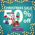 Christmas sale, up to 50% off, blue discount banner with Large numbers, button, garland and snowman in Santa Claus hat with gifts