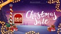 Christmas sale, up to 50 off, discount banner with North Pole sign with offer decorated with presents and garland, large lettering Royalty Free Stock Photo