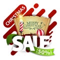 Christmas sale, up to 50% off, discount pop up for website with Large letters, green ribbon, Christmas candle, old parchment.