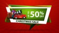 Christmas Sale, Up To 50% Off, Green Discount Banner In The Form Of Geometric Plate With Red Vintage Car Carrying Christmas Tree