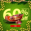 Christmas sale, up to 60% off, green discount banner with Large numbers, button, garland and Santa Sleigh with presents