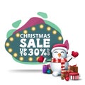 Christmas sale, up to 30% off, modern green discount banner in lava lamp style with bulb lights and snowman in Santa Claus hat