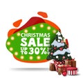 Christmas sale, up to 30% off, modern green discount banner in lava lamp style with bulb lights and Christmas tree in a pot.