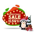 Christmas sale, up to 50% off, modern red discount banner in lava lamp style with bulb lights and penguin in Santa Claus hat.