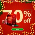 Christmas sale, up to 70% off, red discount banner with Large numbers, button, garland and Santa letterbox with presents