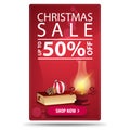 Christmas sale, up to 50% off, red vertical discount banner with button, antique lamp, Christmas book, Christmas ball and cone