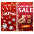 Christmas sale, up to 50% off, red vertical discount banners with paper snowflakes and presents with price tag Royalty Free Stock Photo