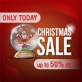 Christmas sale, up to 50% off, square red discount banner with Large letters, Santa,snow globe, button and Christmas snowflakes Royalty Free Stock Photo