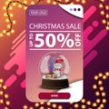 Christmas sale, up to 50% off, vertical pink discount banner with button and snow globe with snowman Royalty Free Stock Photo