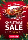 Christmas sale, up to 50% off, vertical red discount banner with abstract ragged shape, garland frame.