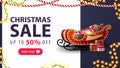 Christmas sale, up to 50% off, white and blue discount banner with Santa Sleigh with presents, garlands and offer with button Royalty Free Stock Photo