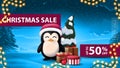 Christmas sale, up to 50% off, winter evening landscape, garlands and penguin in Santa Claus hat with presents.