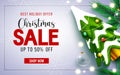 Christmas sale vector banner design. Christmas sale text with holiday season offer up to 50% off for xmas seasonal business. Royalty Free Stock Photo