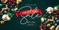 Christmas sale vector banner design. Christmas promo text in red ribbon space with xmas elements for brochure and flyers Royalty Free Stock Photo