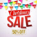 Christmas sale vector banner design with red text and colorful streamers hanging Royalty Free Stock Photo