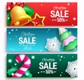 Christmas sale vector banner design. Christmas sale text with price discount in colorful xmas seasonal element for holiday season. Royalty Free Stock Photo